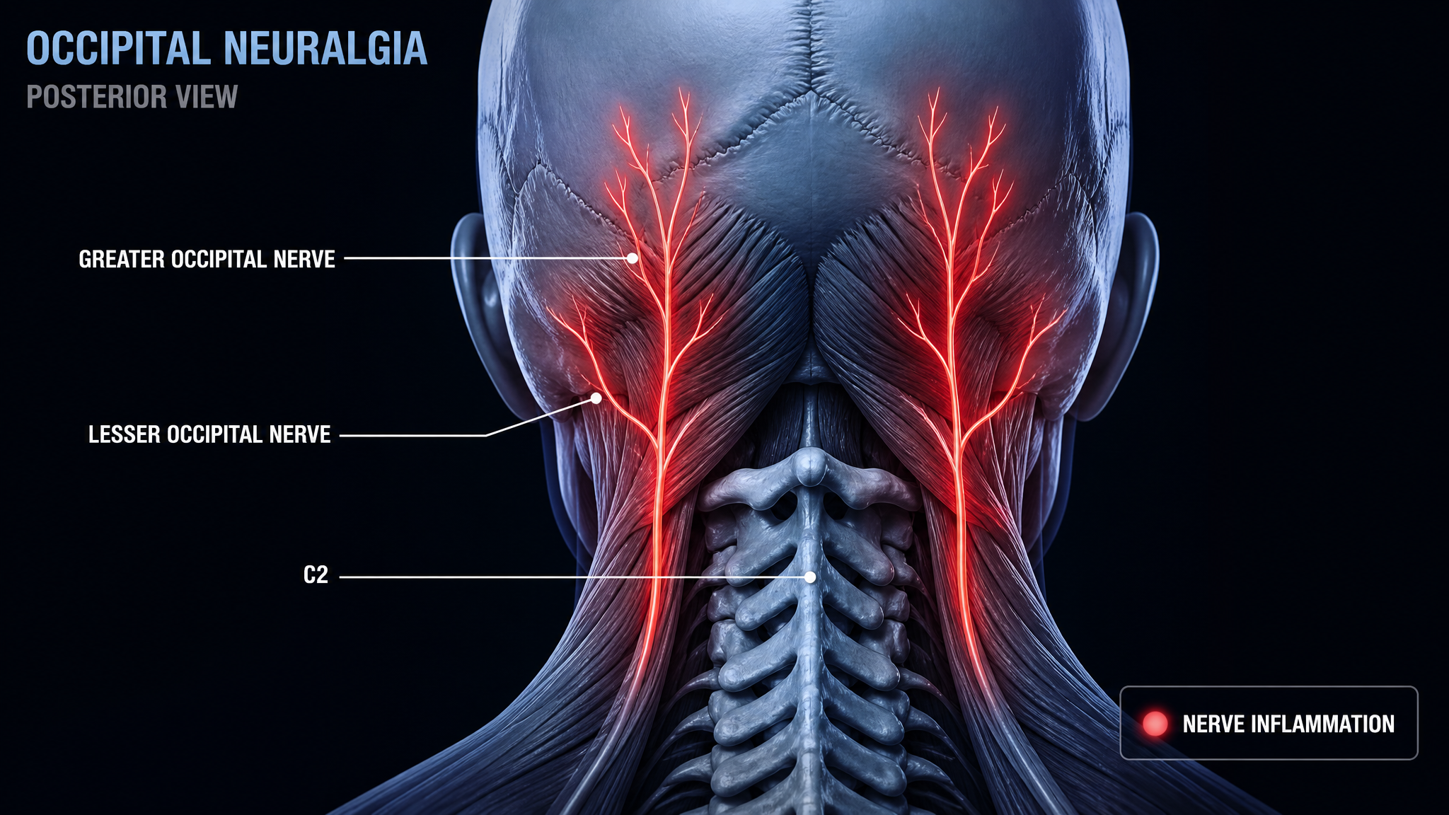 Back-of-skull diagram showing irritated greater and lesser occipital nerves