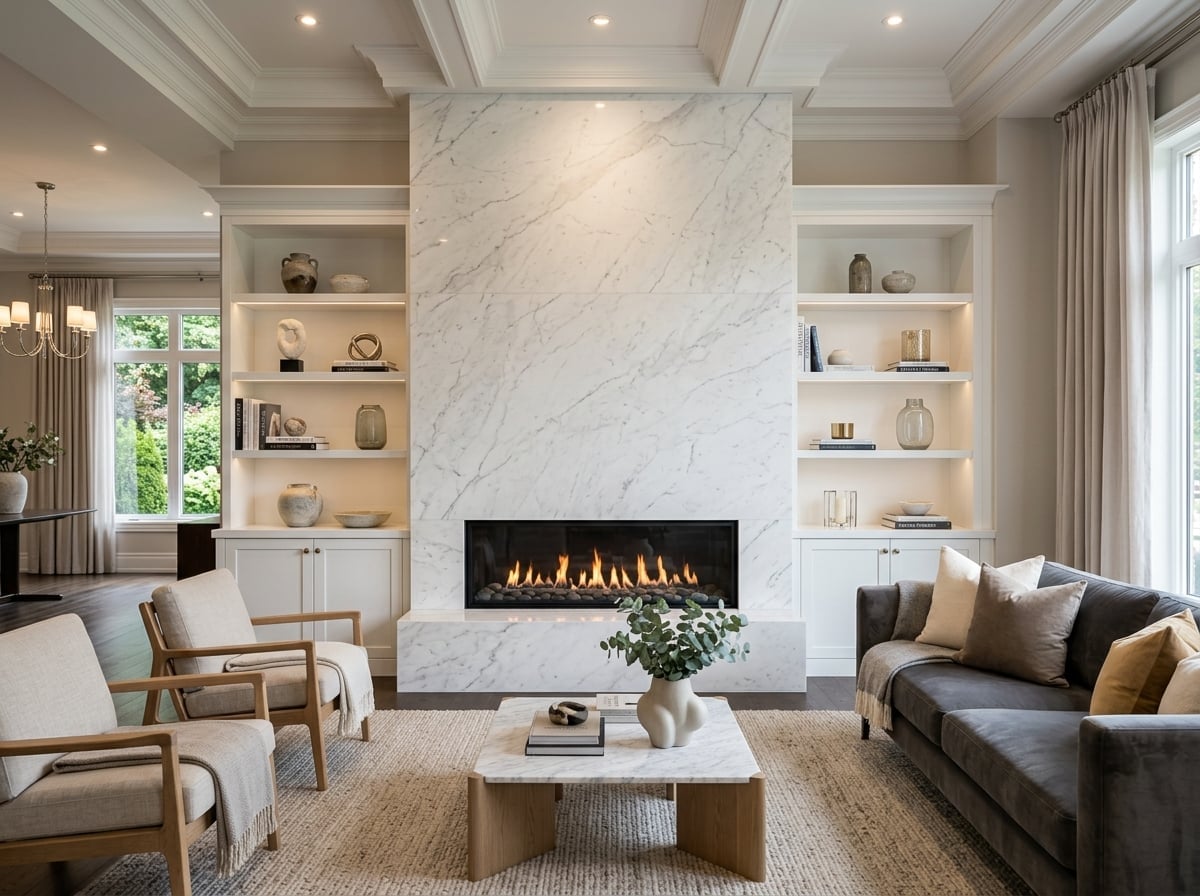 Luxury custom marble fireplace surround in elegant living room