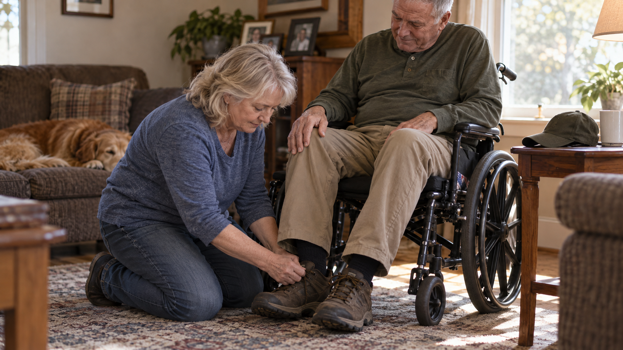 Often missed SMC aid and attendance: a wife helping her veteran husband in a wheelchair put on his shoes