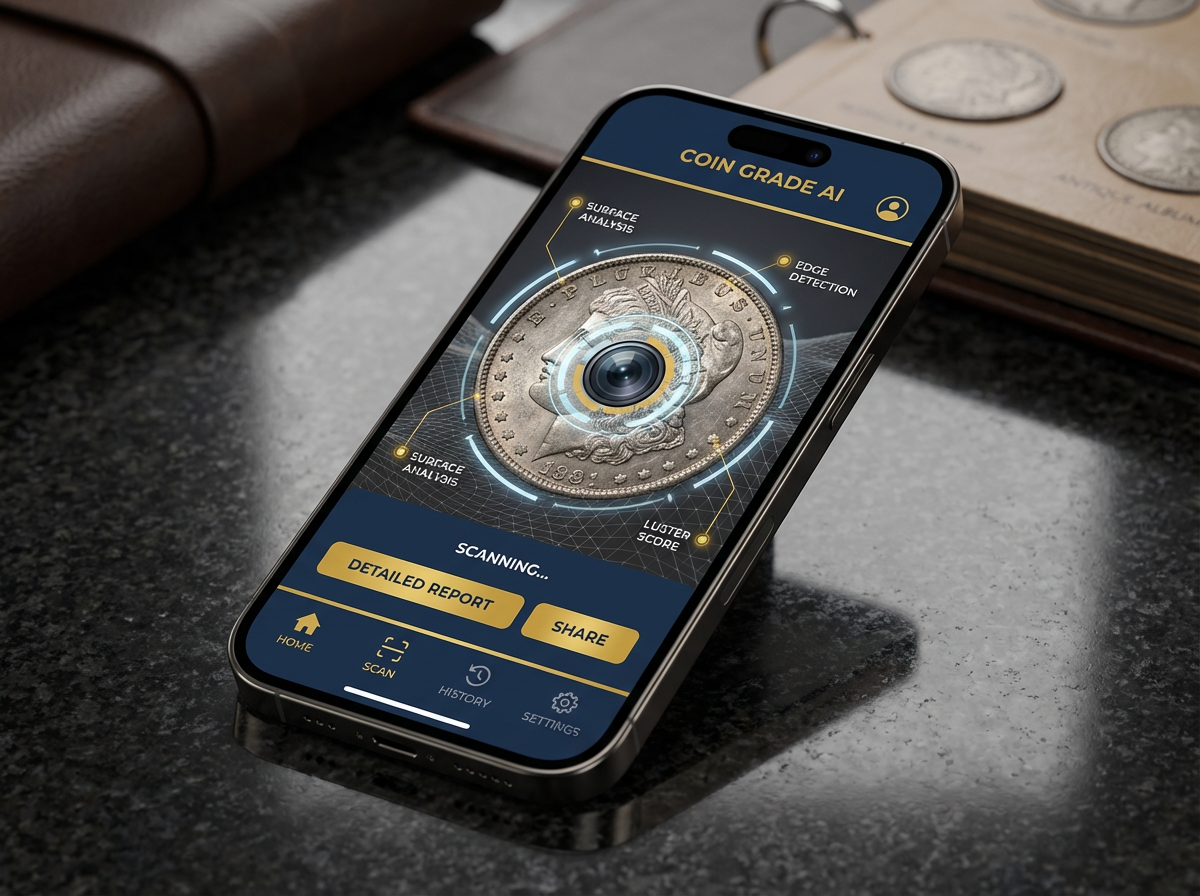 CoinSensei AI coin grading app interface showing a coin being analyzed with instant grade and value results