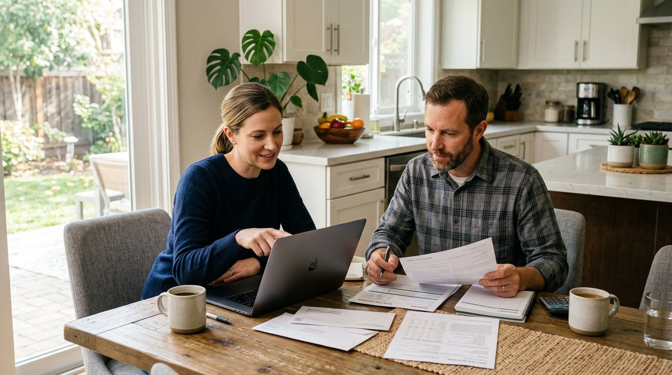 Couple reviewing their household finances at the kitchen table
