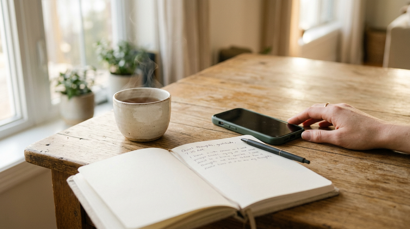 Calm morning scene with a face-down phone, notebook and tea on a wooden table, suggesting a pause before replying to a co-parenting message