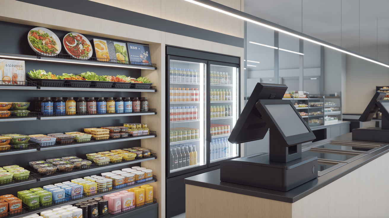 Micro-market setup with open shelving, coolers, and self-checkout kiosk in a modern office