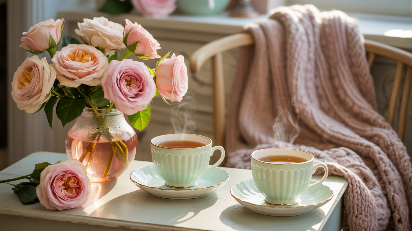 Warm cottage scene with tea and flowers