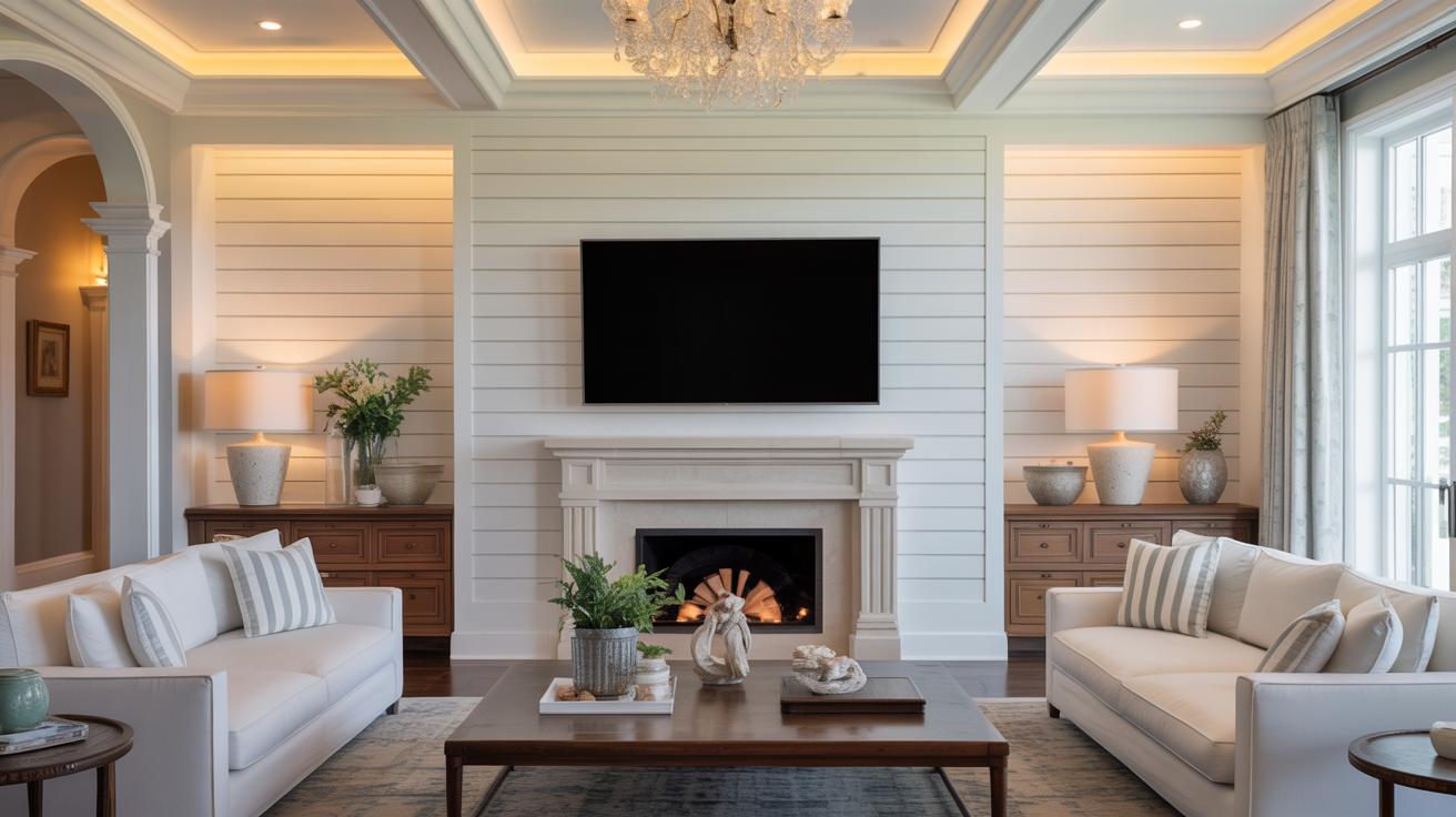 Elegant living room featuring shiplap walls, a modern fireplace, luxury furnishings, and tasteful decor, showcasing the high-end craftsmanship of Grove Street Painting's millwork and finishing services.