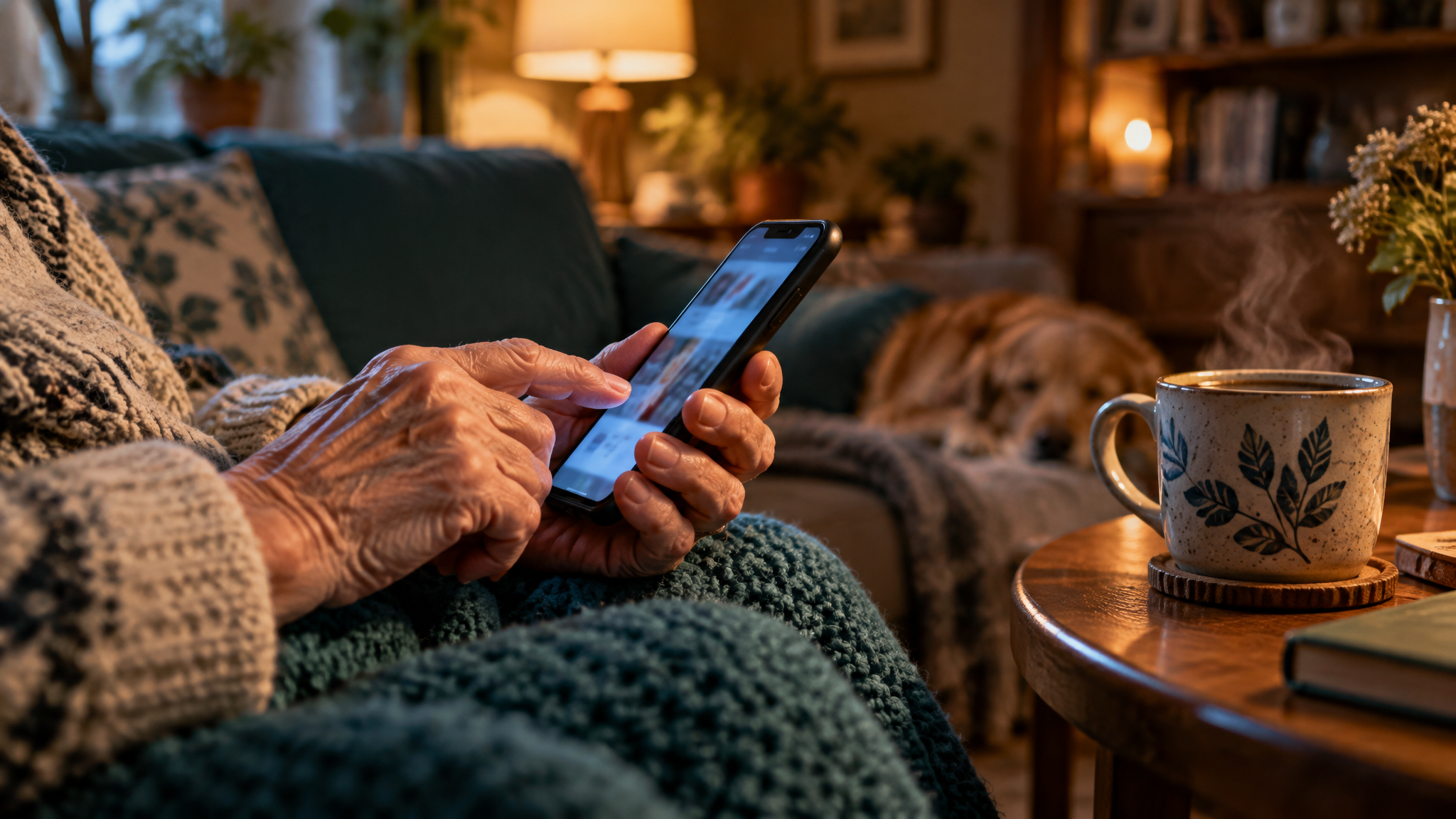 Ouderen handen bedienen een smartphone met een kopje koffie ernaast