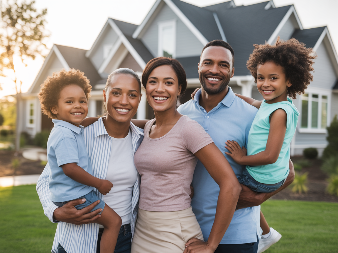 Happy African-American family of four in front of their new home — generational wealth