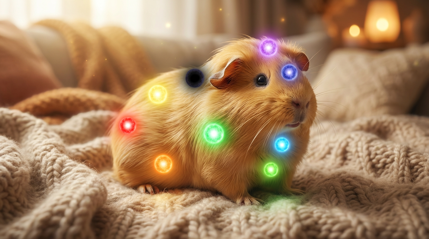 Zamorče sa vidljivim čakrama u toplom okruženju. Čakre kod morskog praseta energija mali ljubimci čakre životinje balans energije ljubimci