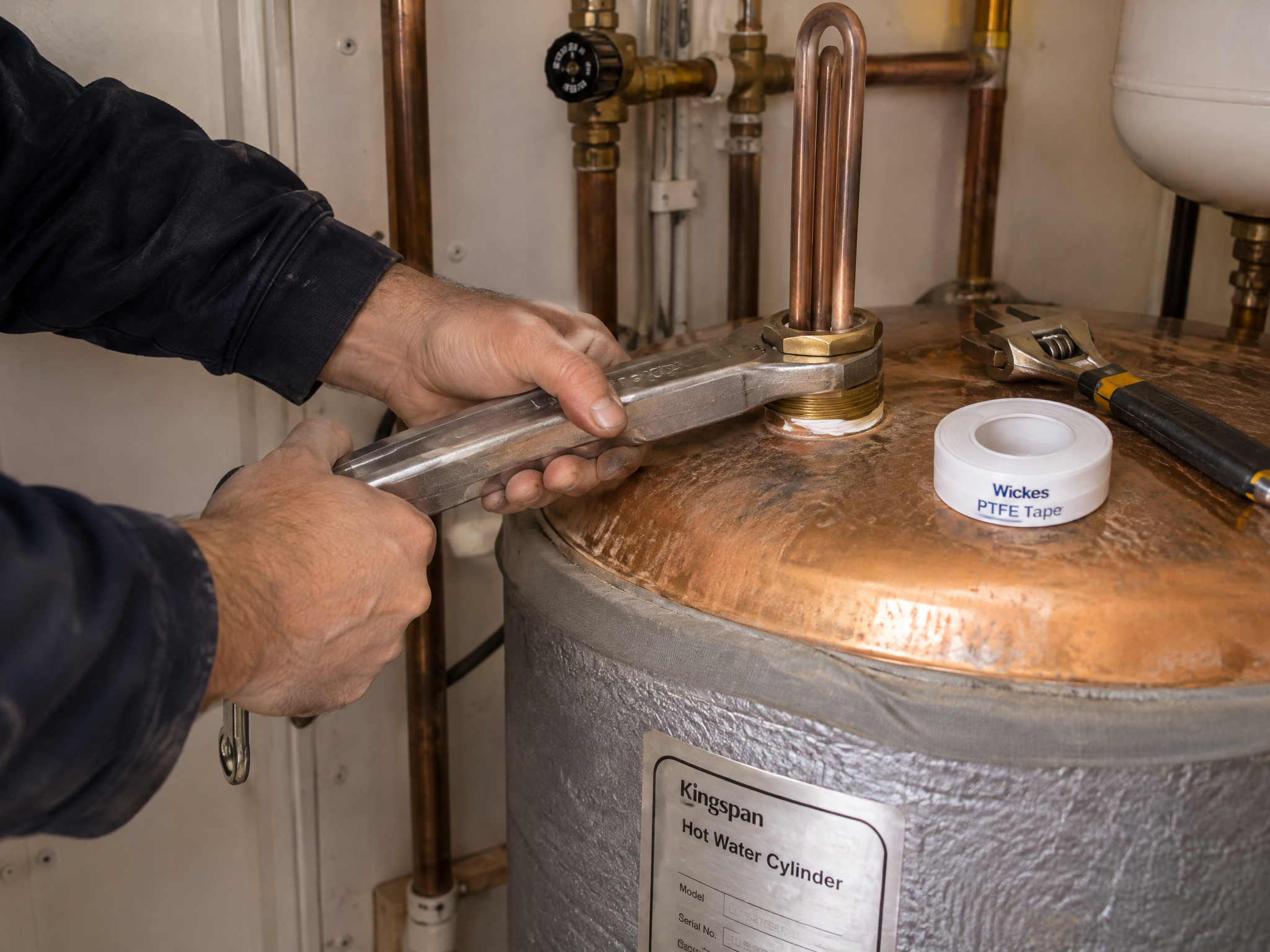 Plumber replacing a brass immersion heater element in a copper hot water cylinder