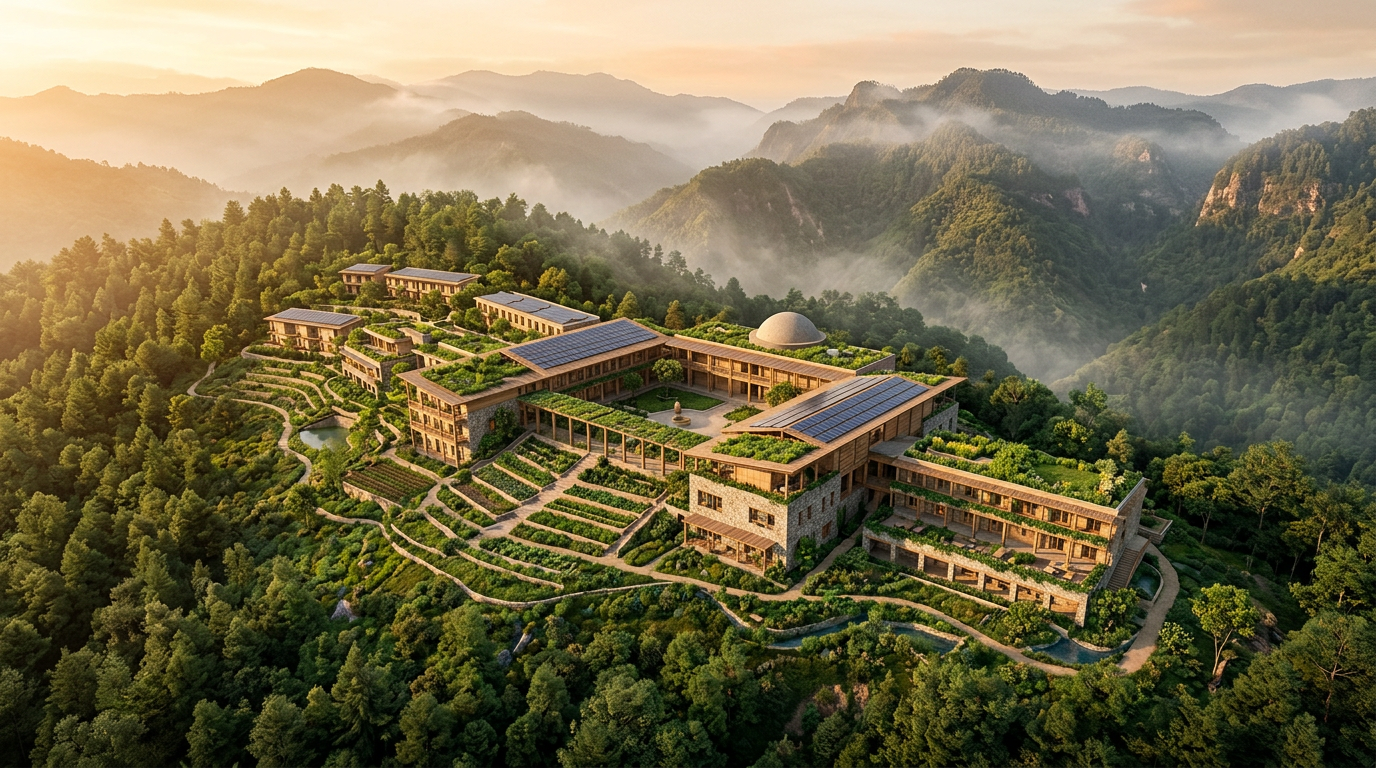 Vista aérea del Monasterio Eco-Sustentable en la Sierra Madre de Oaxaca