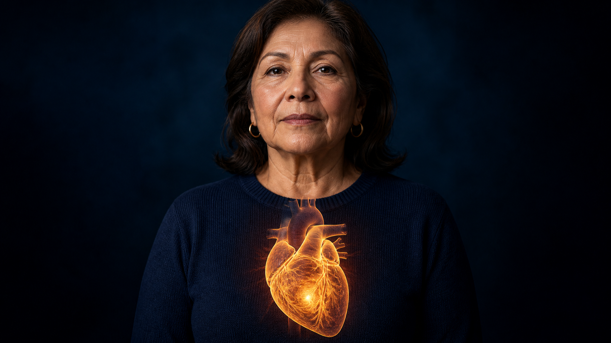 An older veteran with an illustration of the heart over her chest