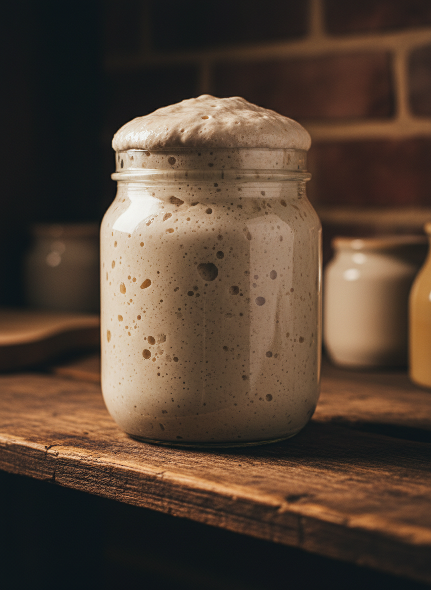 Fermento natural borbulhando no pote de vidro