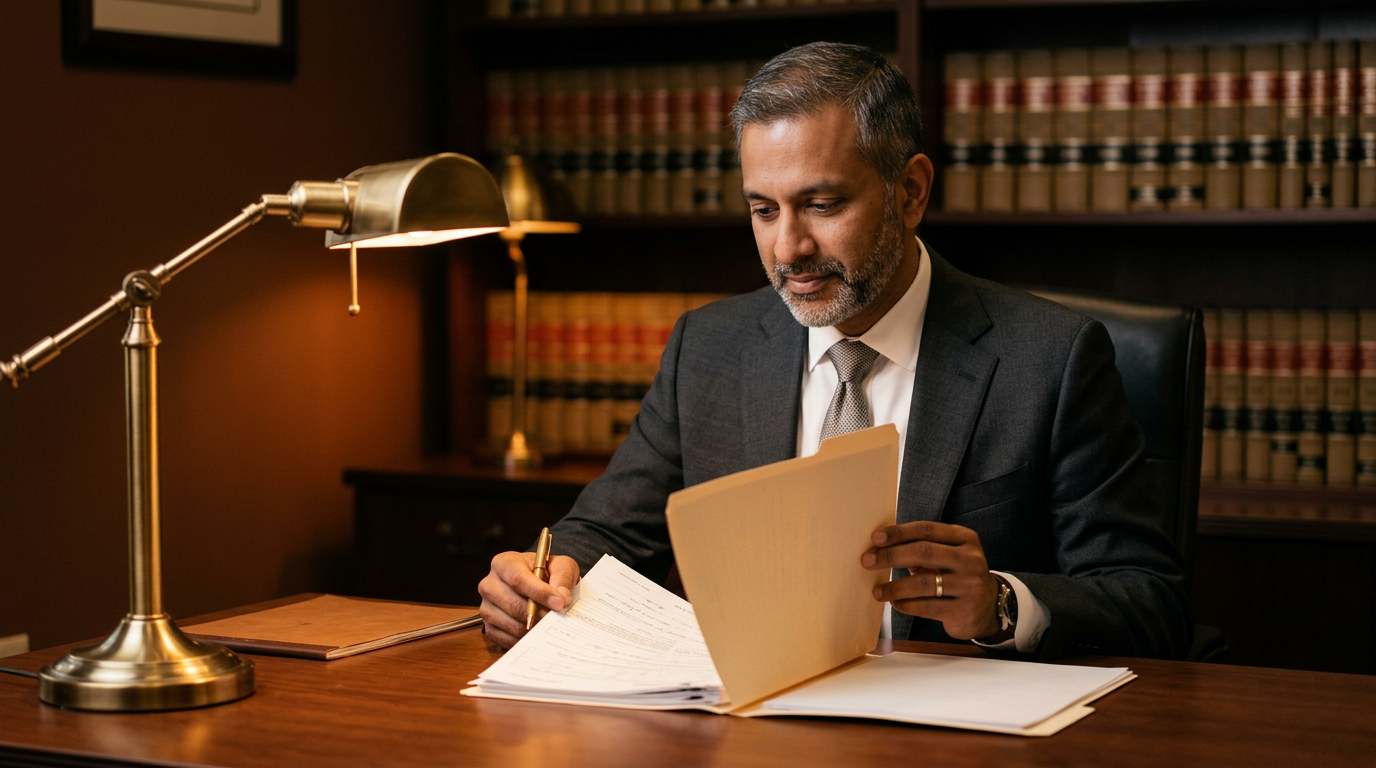A confident South Asian man accredited veterans-benefits advocate in his late forties seated at a desk in a warm dim office, reviewing a claims file under a brass desk lamp with shelves of regulation books behind him