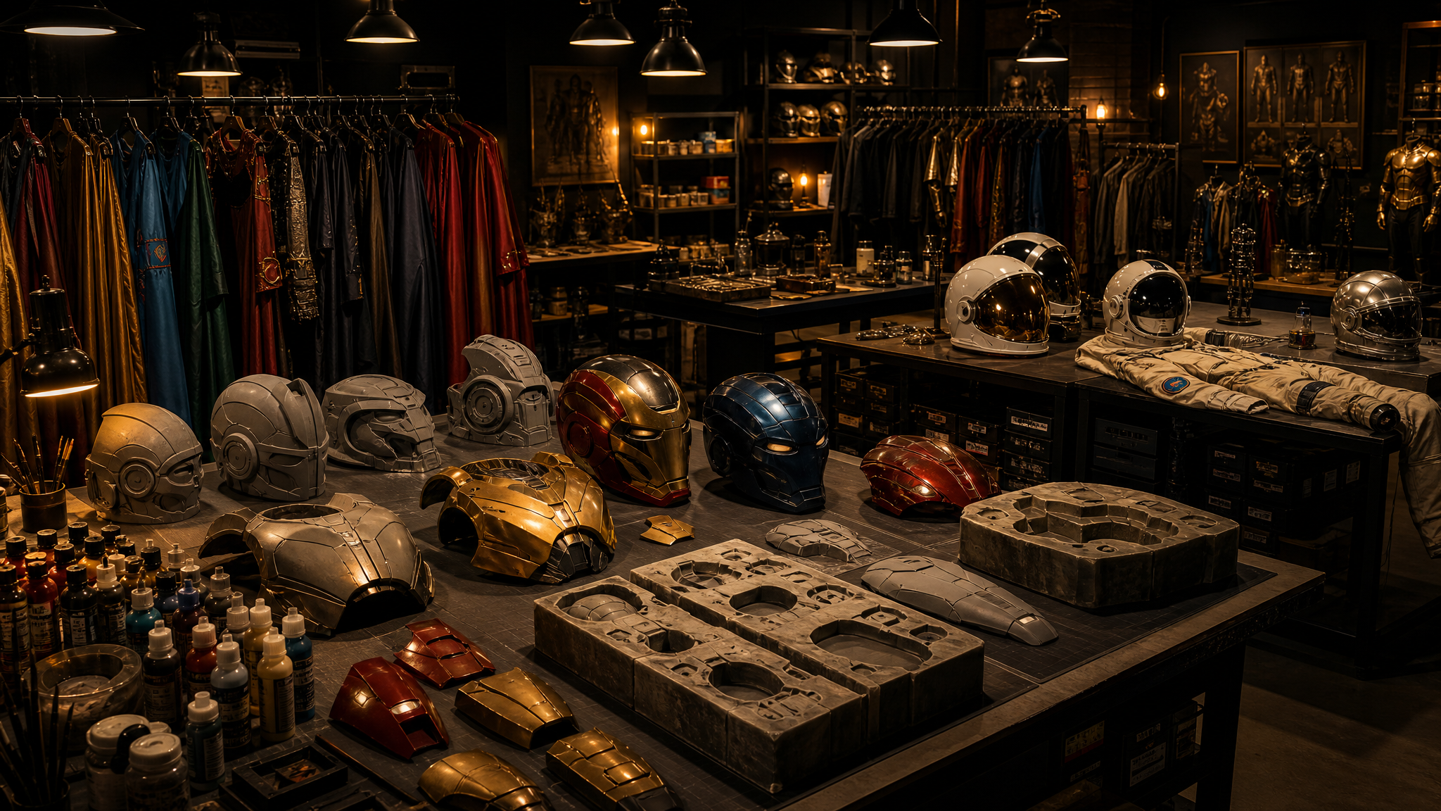 Costume fabrication workshop with superhero helmets, armor pieces and space suits in various stages of production