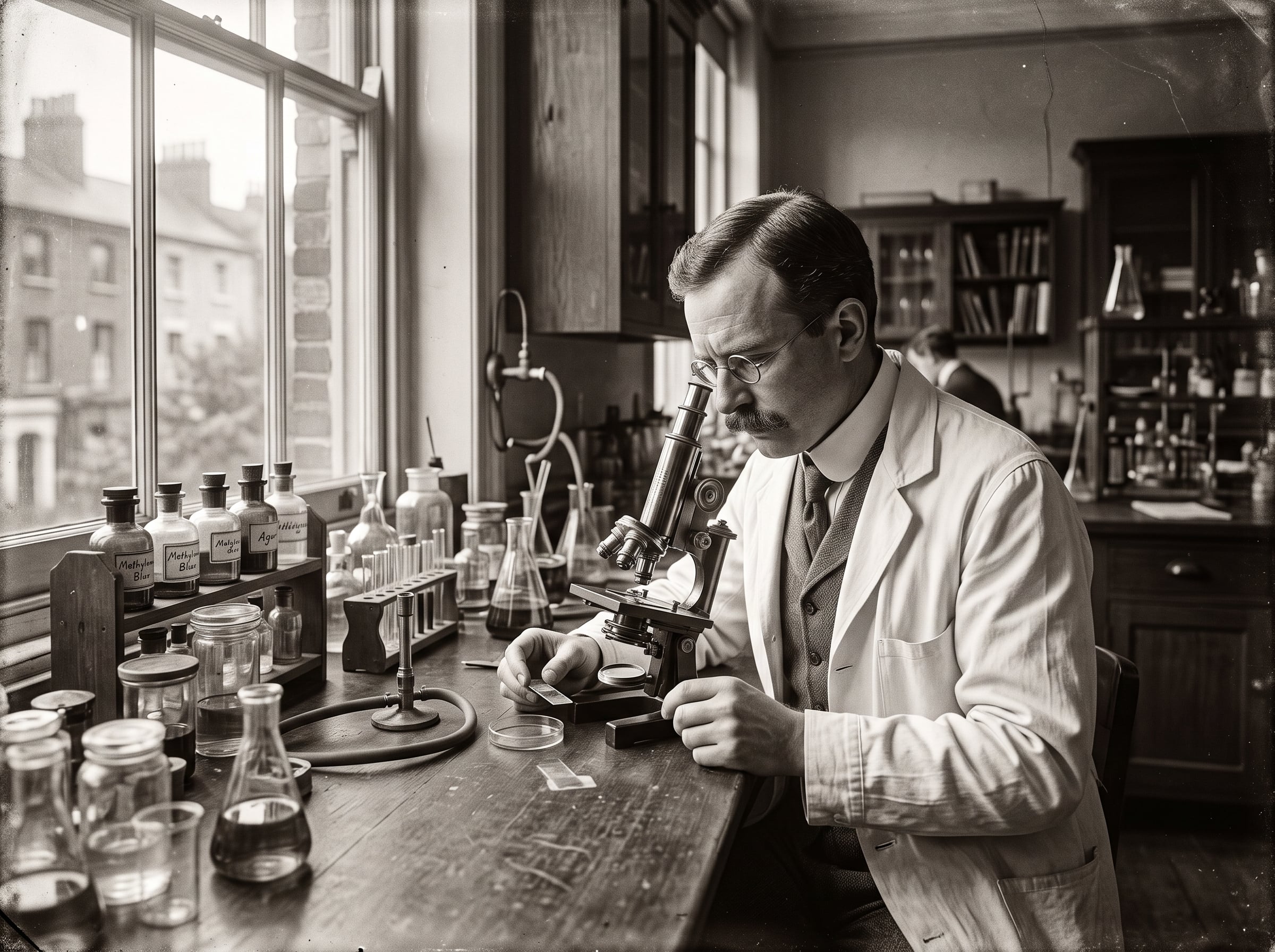 Early twentieth-century microbiologist working at a brass microscope surrounded by glass flasks