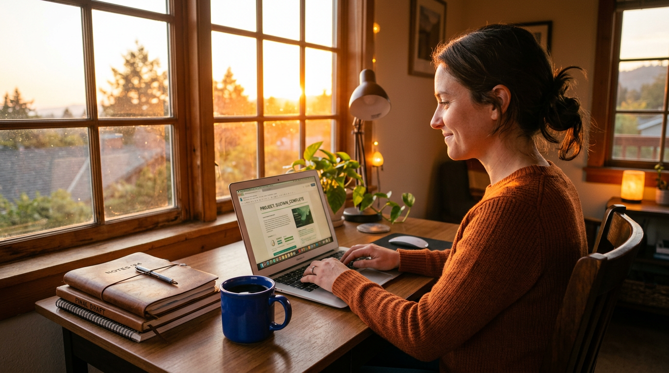 Pessoa ao pôr do sol satisfeita com trabalho concluído — os resultados transformadores do deep work
