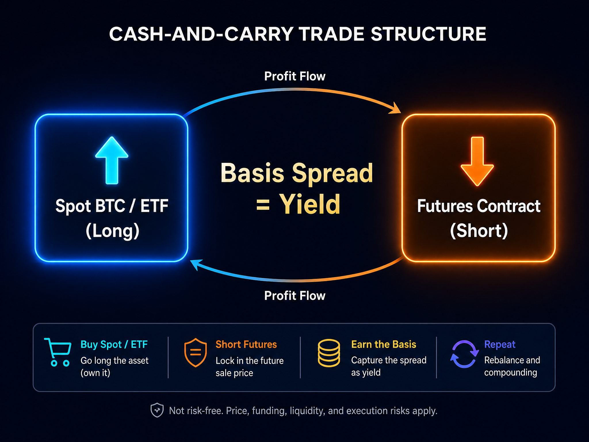 Advanced crypto basis trading execution diagram showing spot ETF and CME futures positions for market-neutral yield strategy