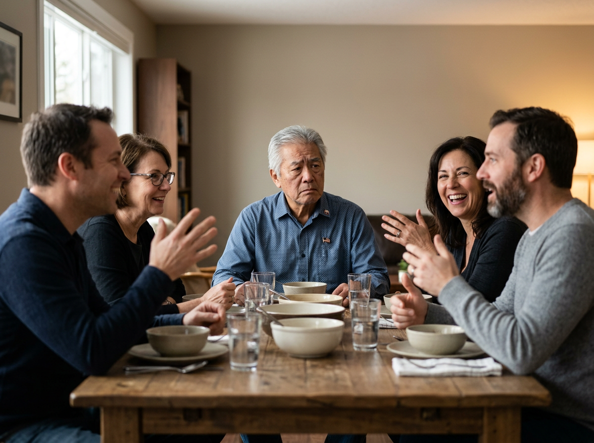 An older man looking confused during a group conversation at a table, clearly unable to follow the discussion