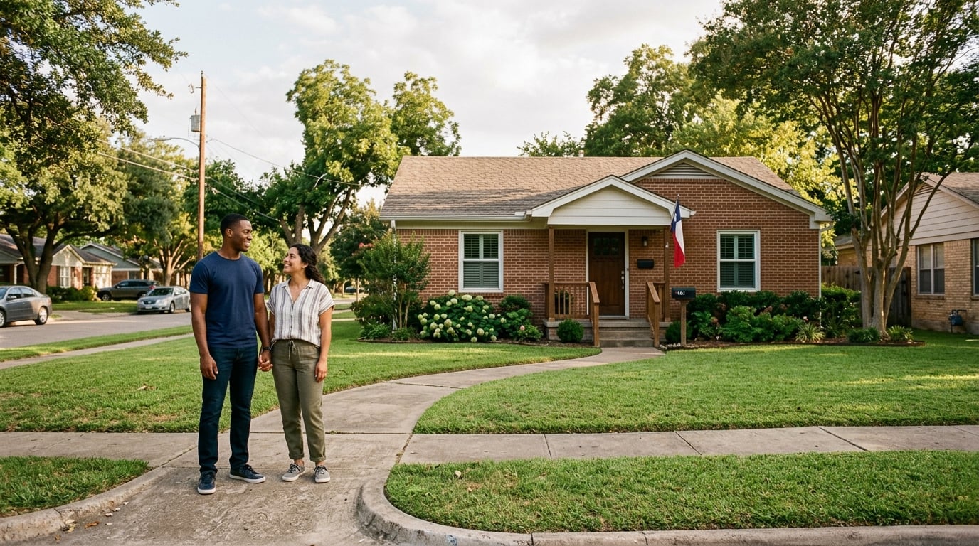 Couple looking at a modest Texas starter home