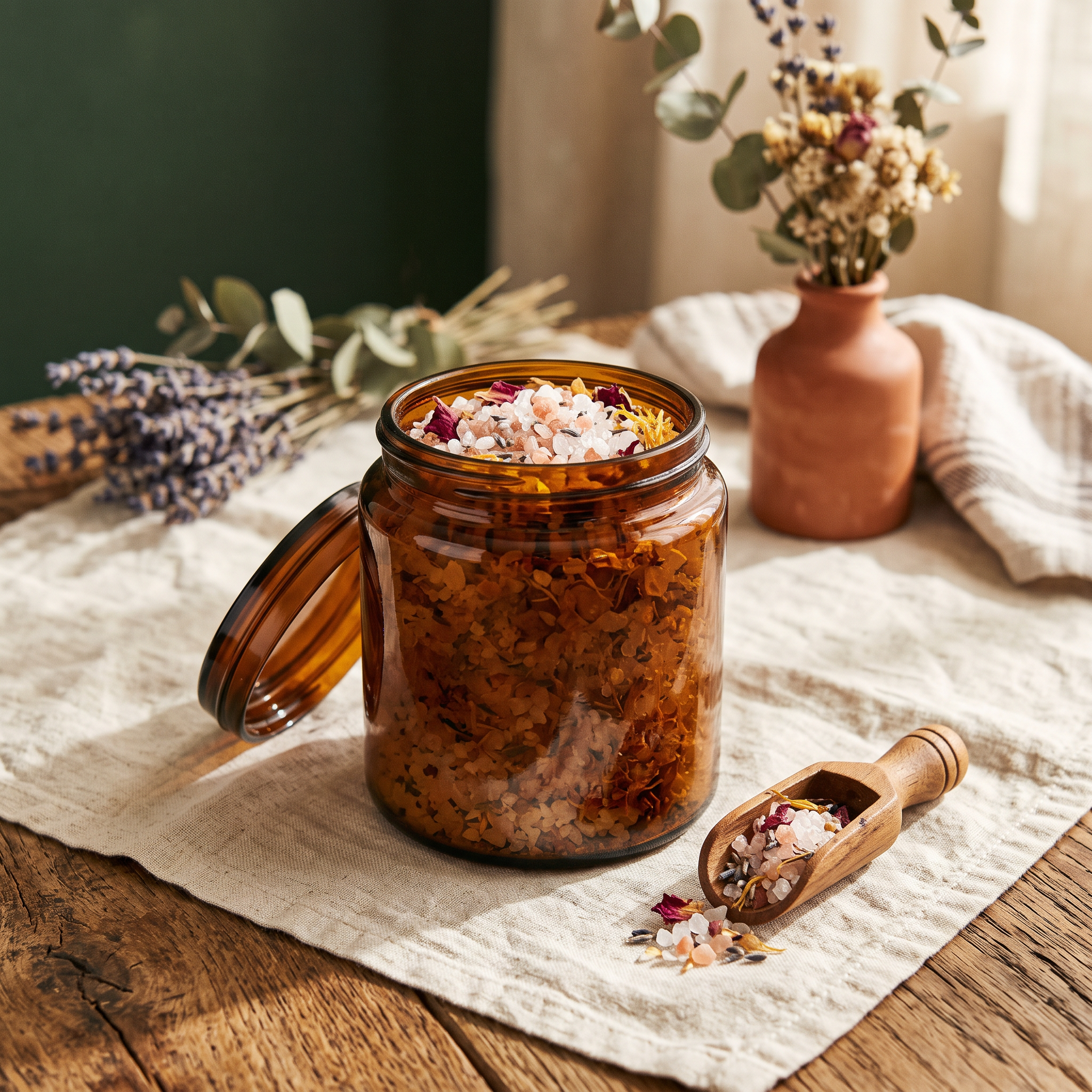Amber glass jar of mineral bath salt with dried flower petals and a wooden scoop