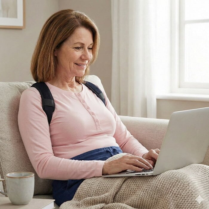 Woman wearing an adjustable posture support harness while sitting on a sofa using a laptop