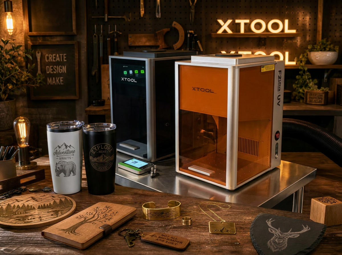 Mistie's workshop featuring her two enclosed xTool F2 Ultra lasers alongside engraved tumblers, brass jewelry, and wood pieces