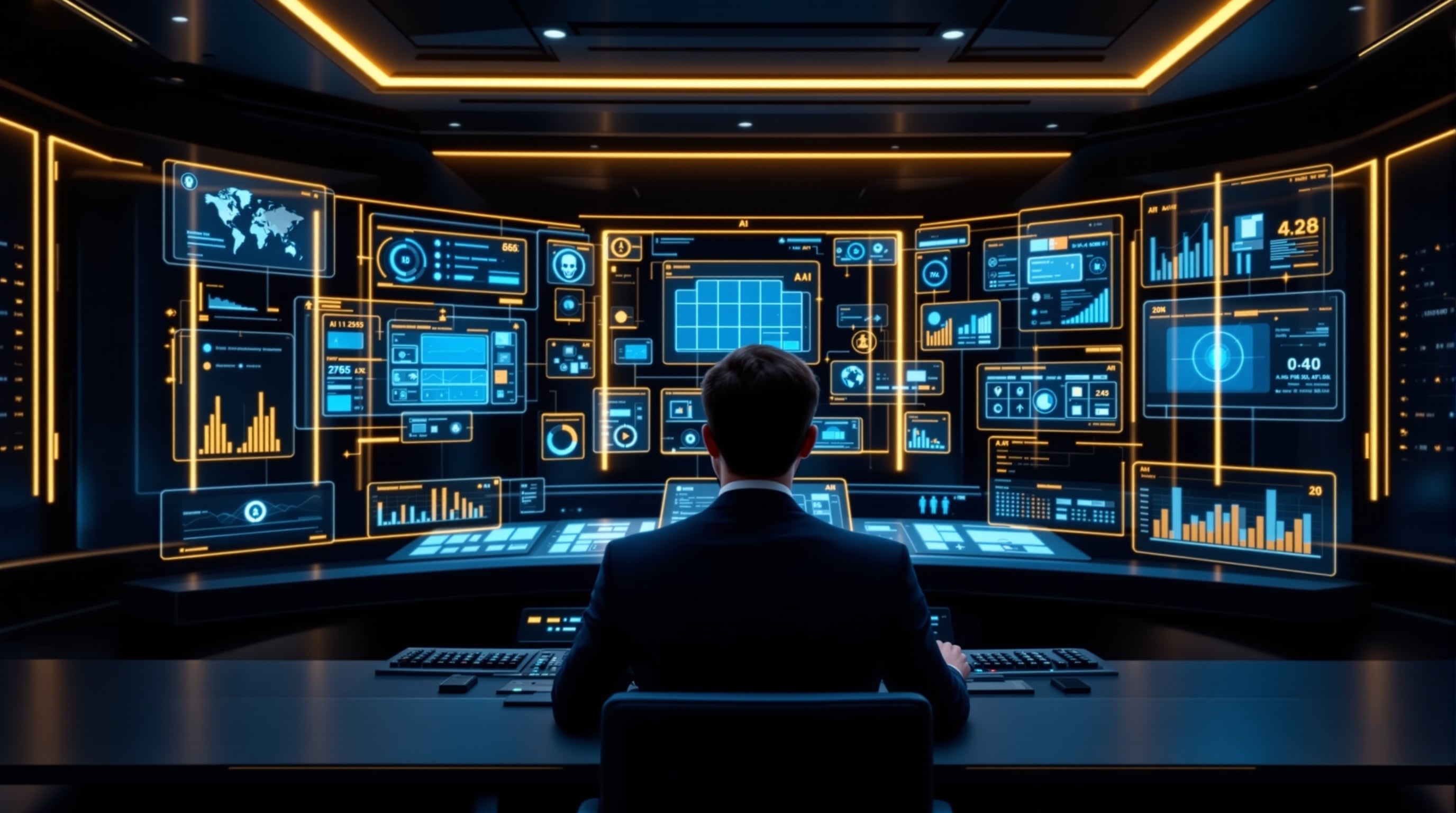 Kontrollraum mit menschlichem Operator und holographischen KI-Agent-Displays