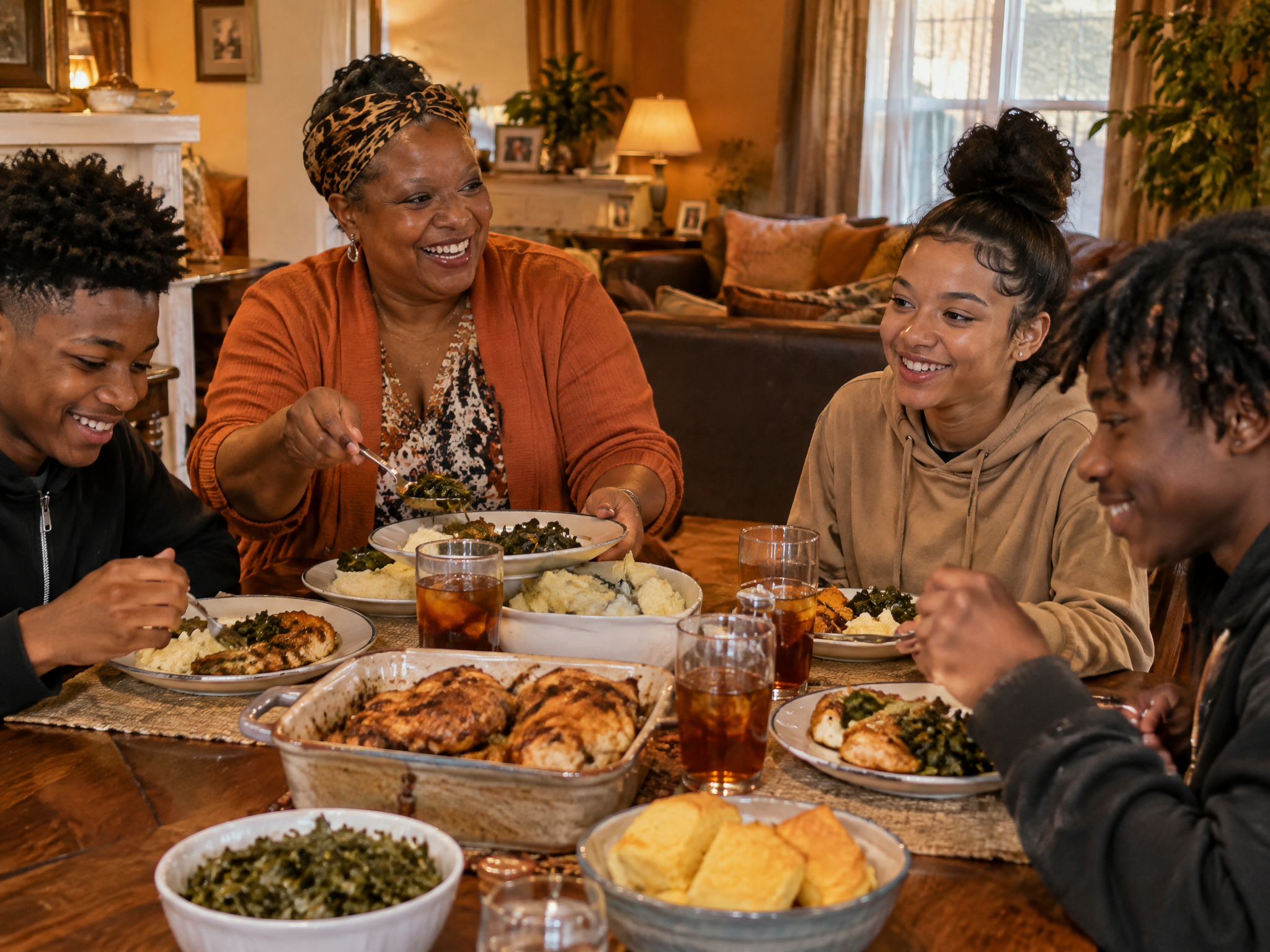House mother and teens sharing a meal and laughing together at a group home dining table