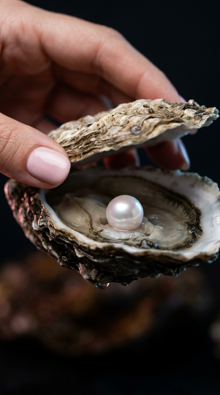 A hand opening a real oyster to reveal a lustrous pearl inside