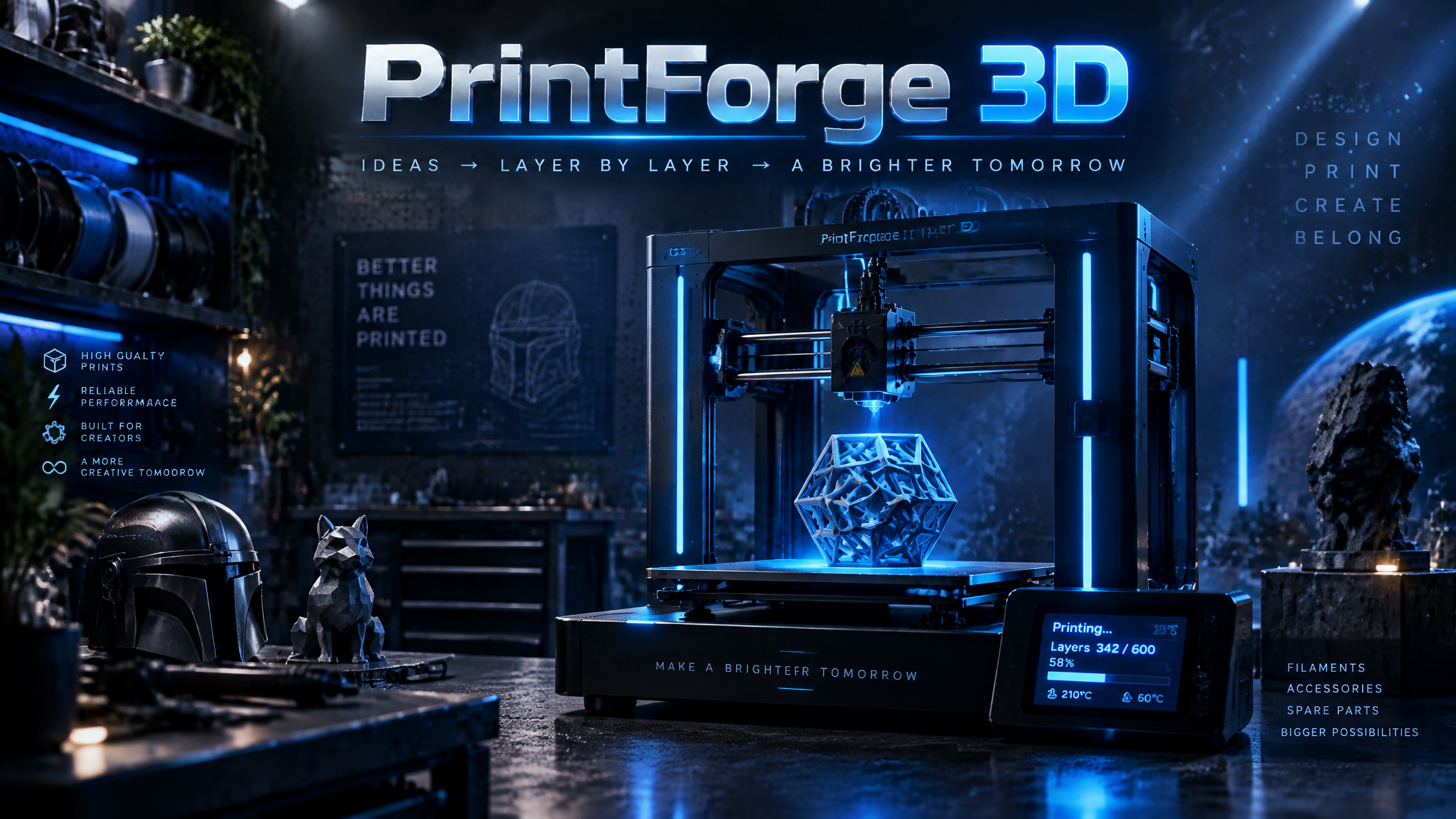 Brother 3D hero - 3D printer creating objects with blue neon lighting