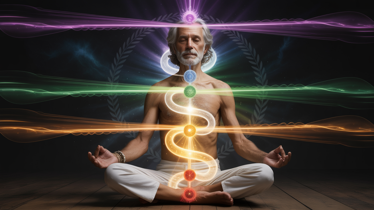 Stariji muškarac sa sijedom kosom u lotosovom položaju, svetleća zmija energije se uspinje od baze kičme ka vrhu glave kroz sedam čakri. Zadržavanje semena i podizanje kundalini energije kroz čakre i duhovnu transmutaciju