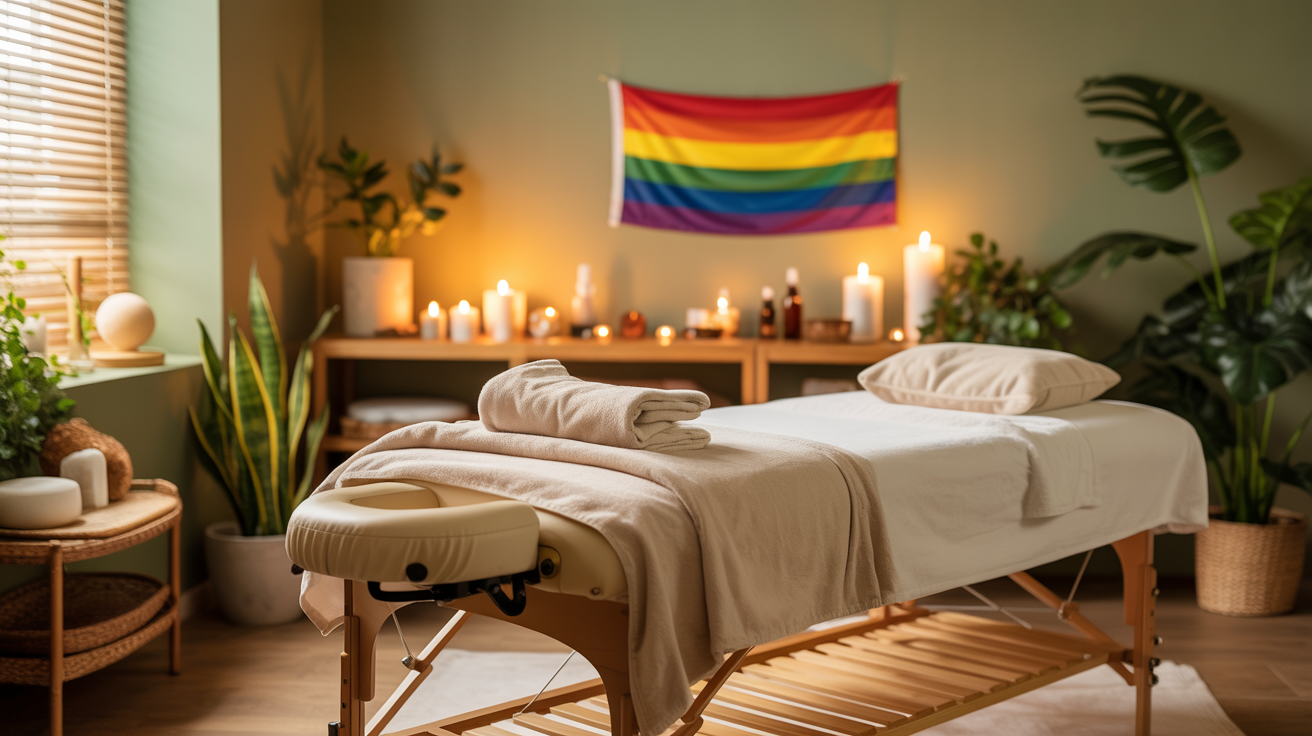 Welcoming, inclusive wellness space with pride elements