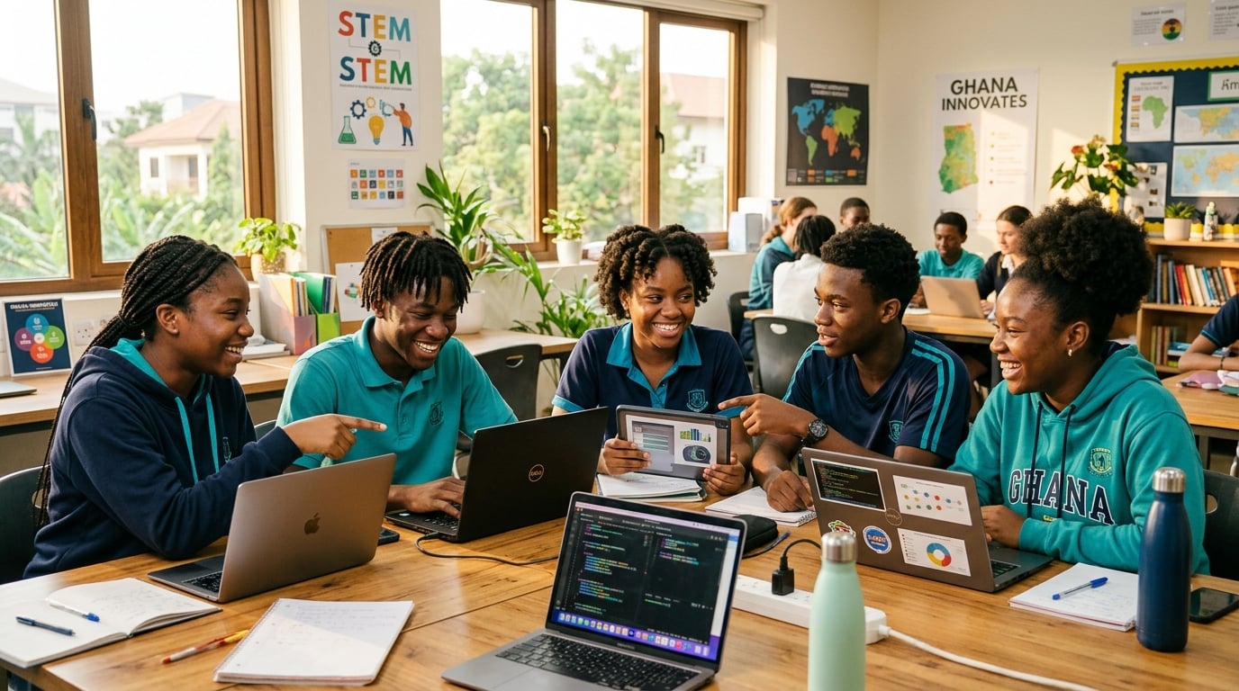 Young Ghanaian students collaborating around laptops in a bright modern classroom