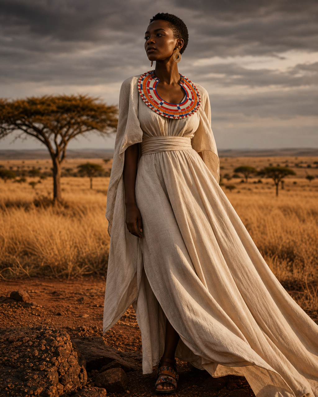 Model wearing the Maasai Collar in the Kenyan savanna