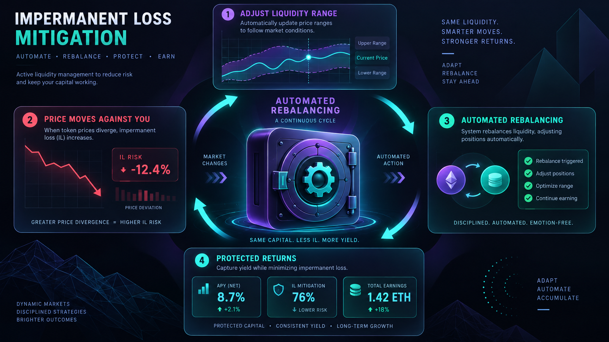 Impermanent loss mitigation strategies for crypto LP positions — automated rebalancing and vault management 2026