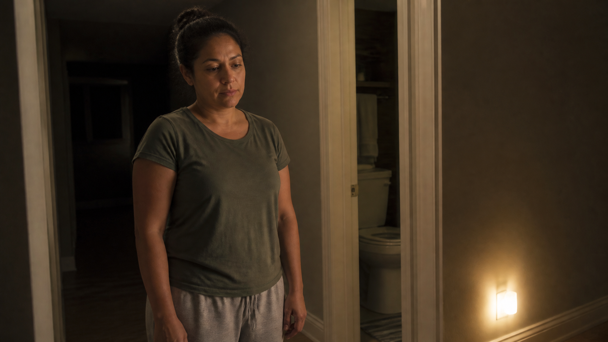 Hispanic female veteran awake at night near a bathroom dealing with frequent urination