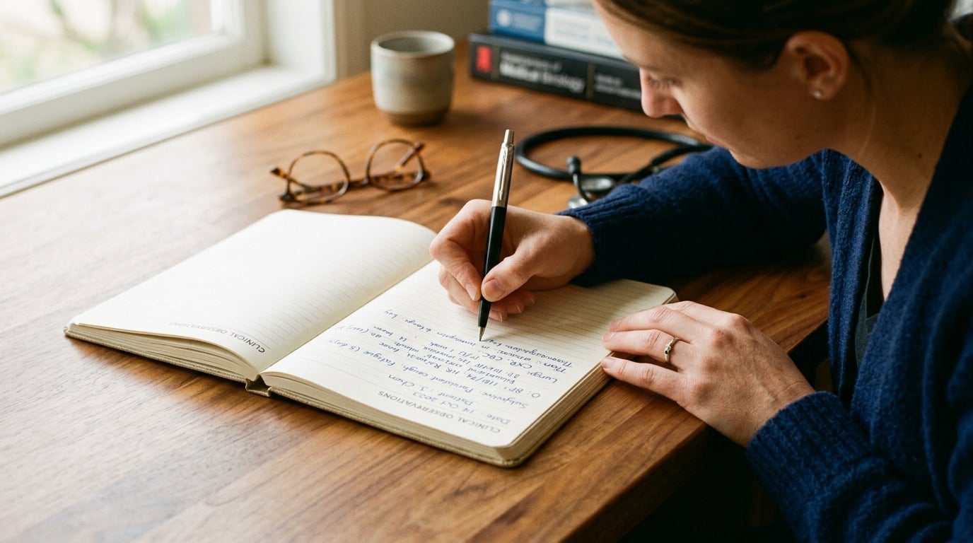 A practitioner carefully writing detailed clinical notes — thorough investigation is at the heart of every consultation