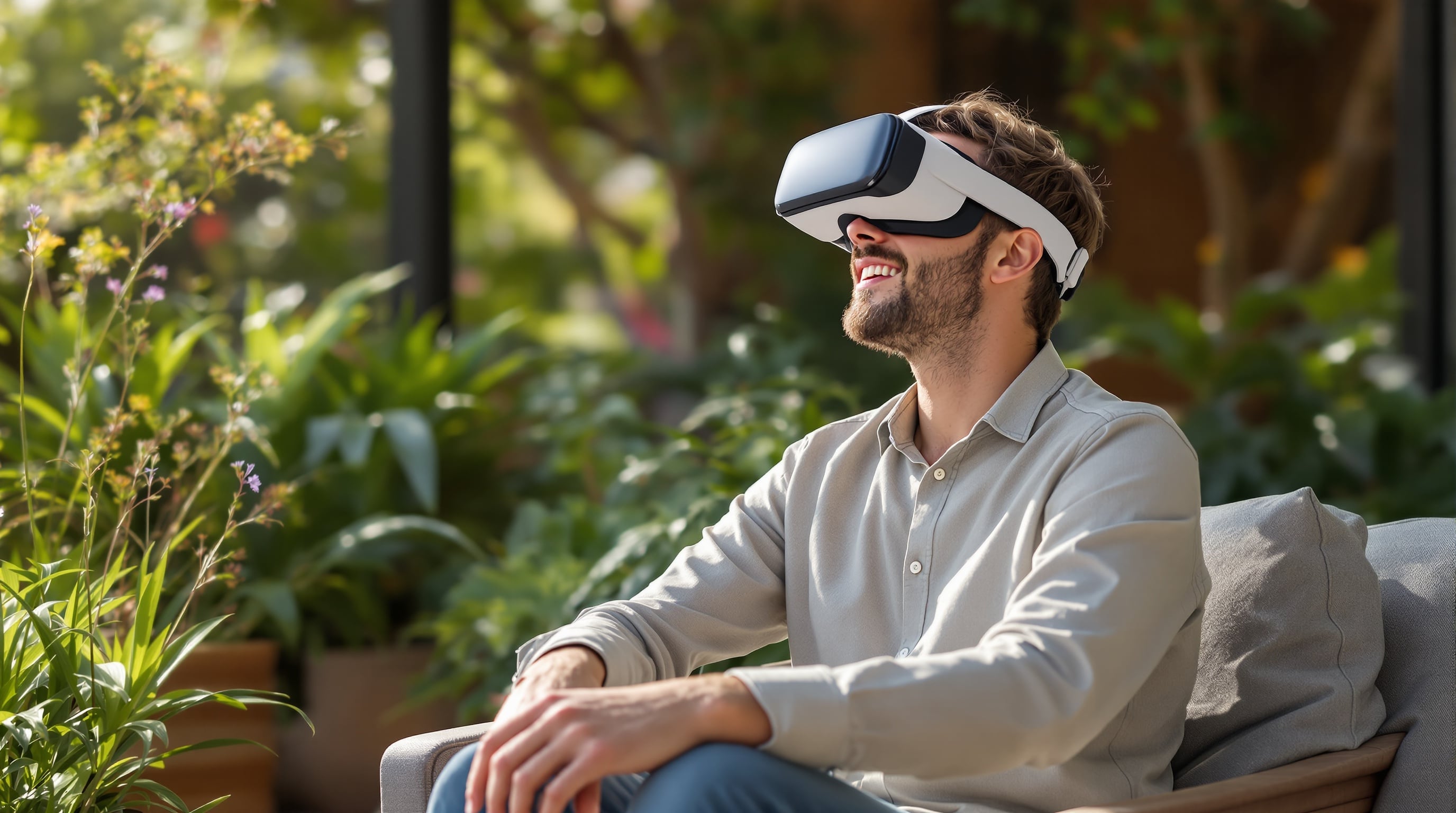 Muškarac koristi VR naočare u opuštenom prirodnom okruženju, simbolizujući svesno korišćenje tehnologije