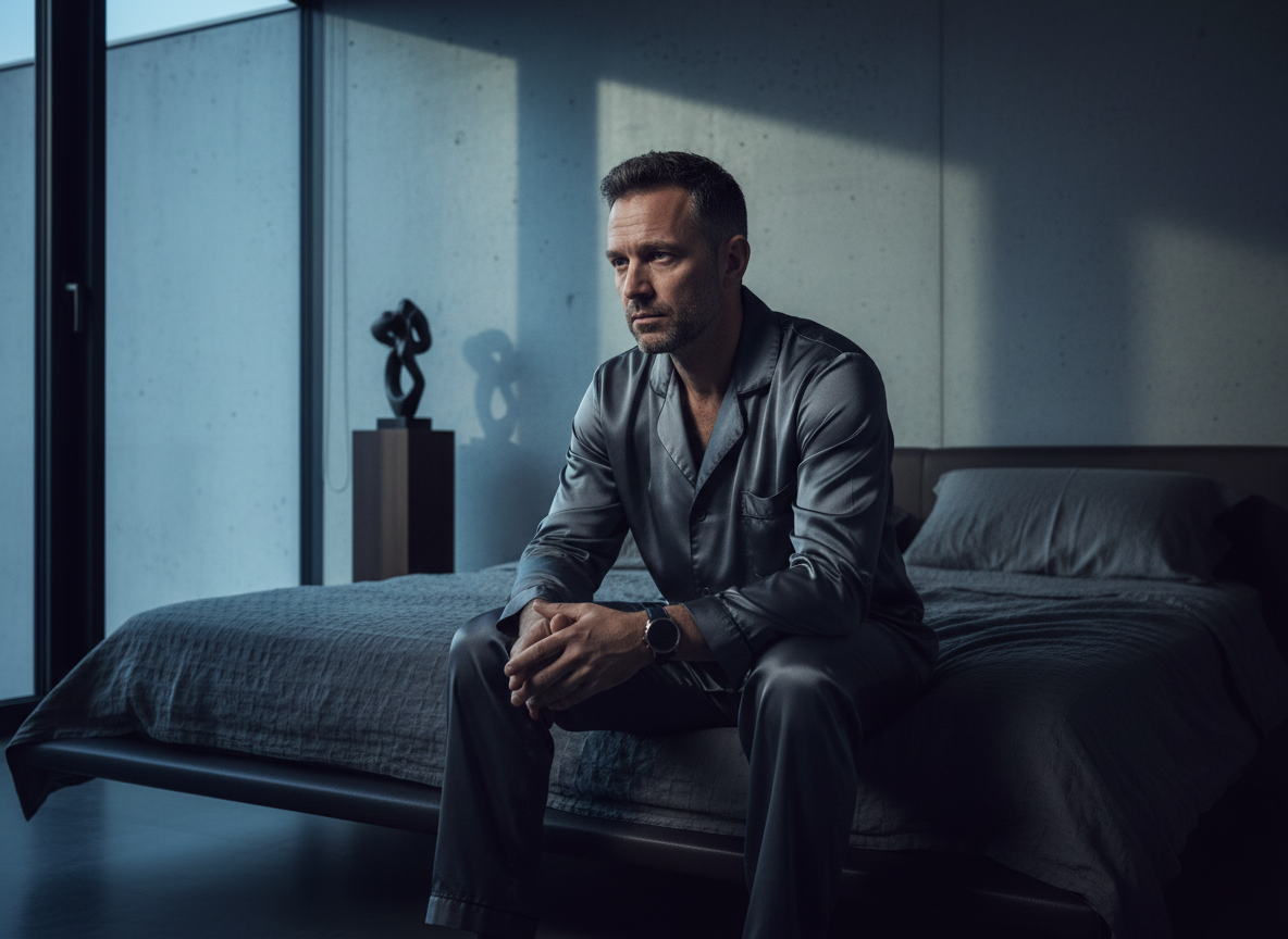 Tired man sitting on bed reflecting poor sleep cost