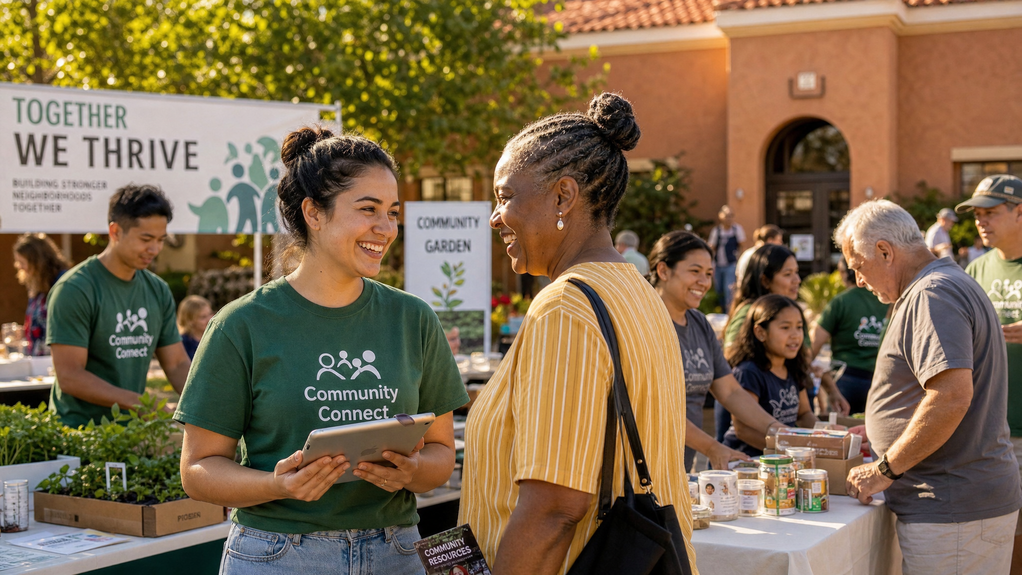 Diverse volunteers and community members working together joyfully at an outdoor community program in warm daylight