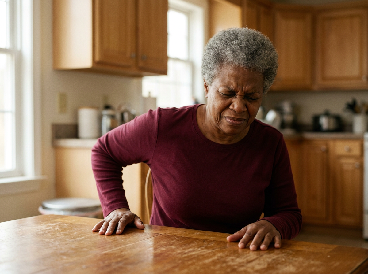 An older Black woman veteran struggling to push herself up from a kitchen chair, pain radiating through her scapula as she bears weight through her arm