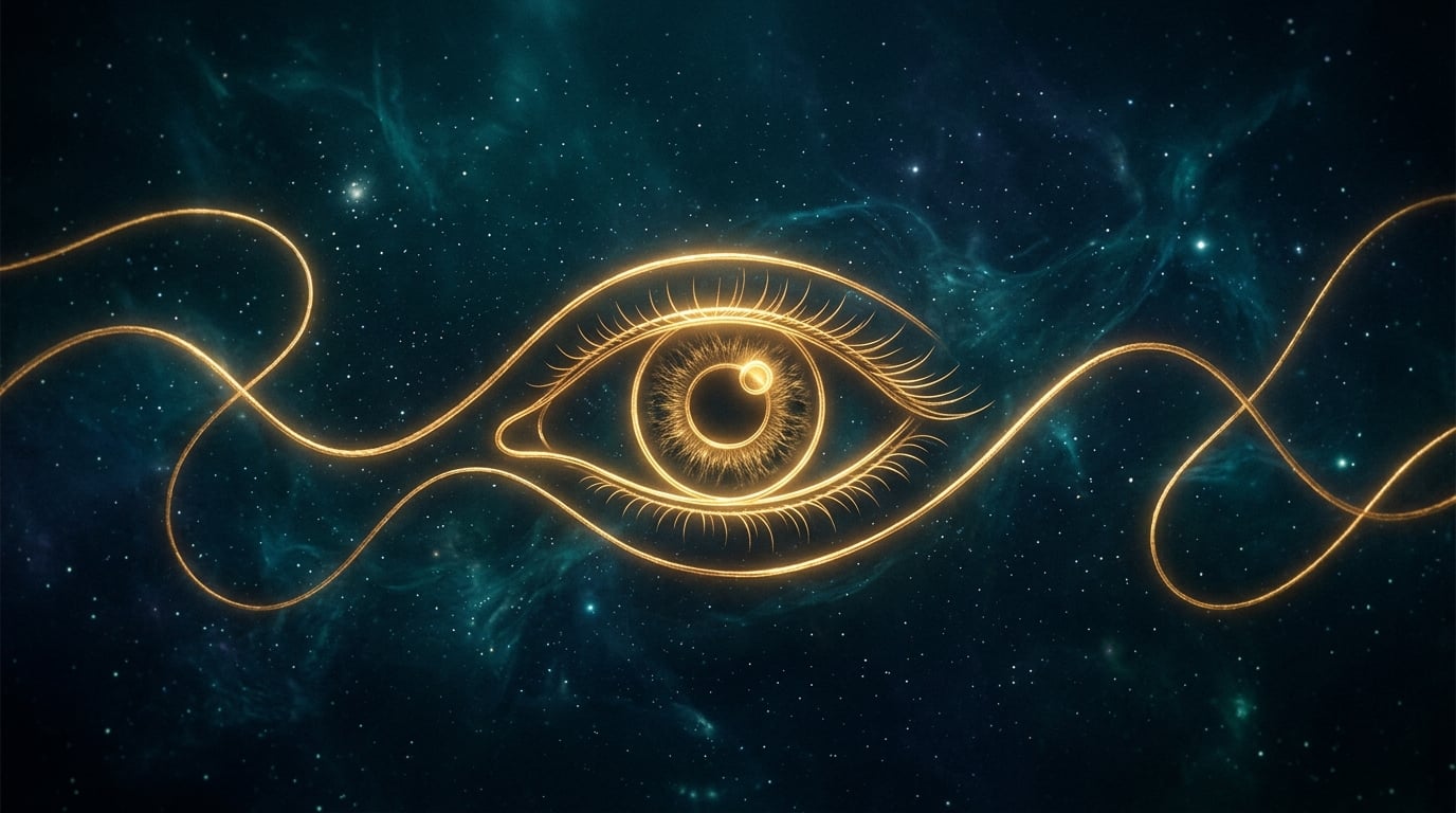 A single golden thread weaving through deep teal cosmic space, forming the shape of an eye — echoing The Eternal Thread book cover