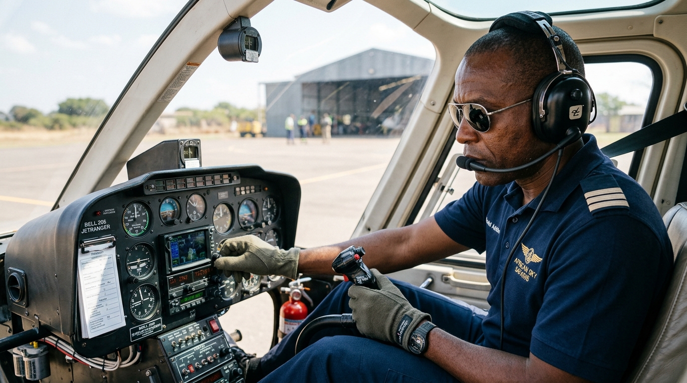 A helicopter pilot in the cockpit performing pre-flight instrument checks