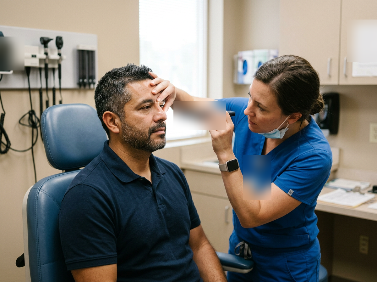 Hispanic male veteran being examined by a clinician using a penlight to inspect his nasal passages during a sinus examination