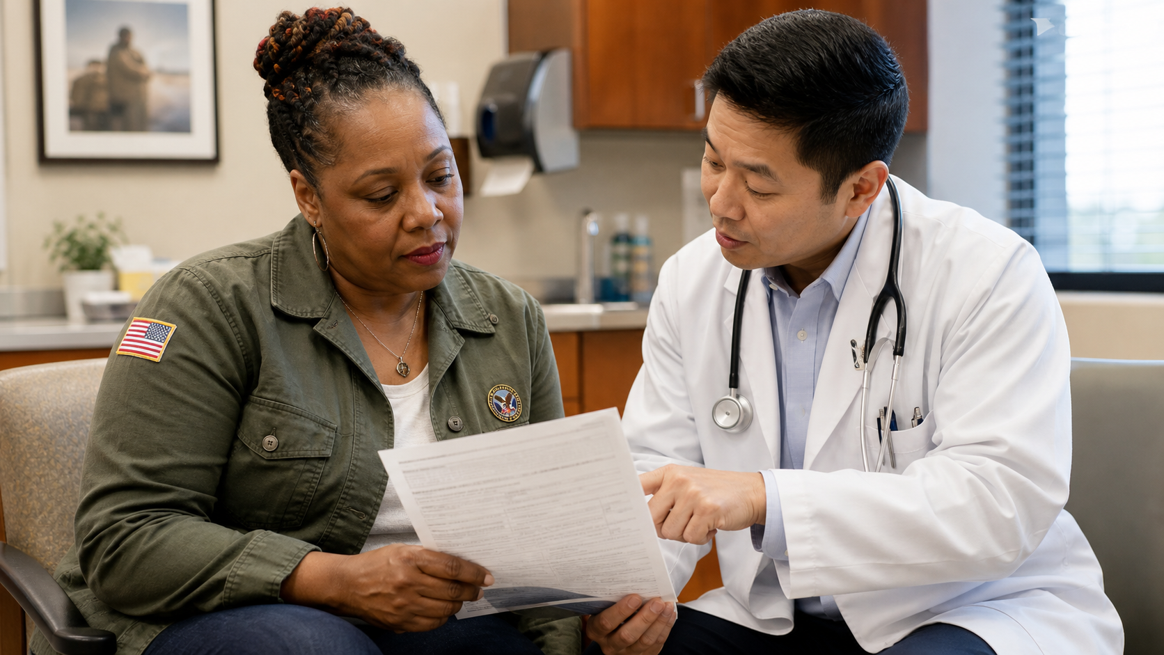 A Black female veteran reviewing a disability questionnaire form with her doctor in a clinical office