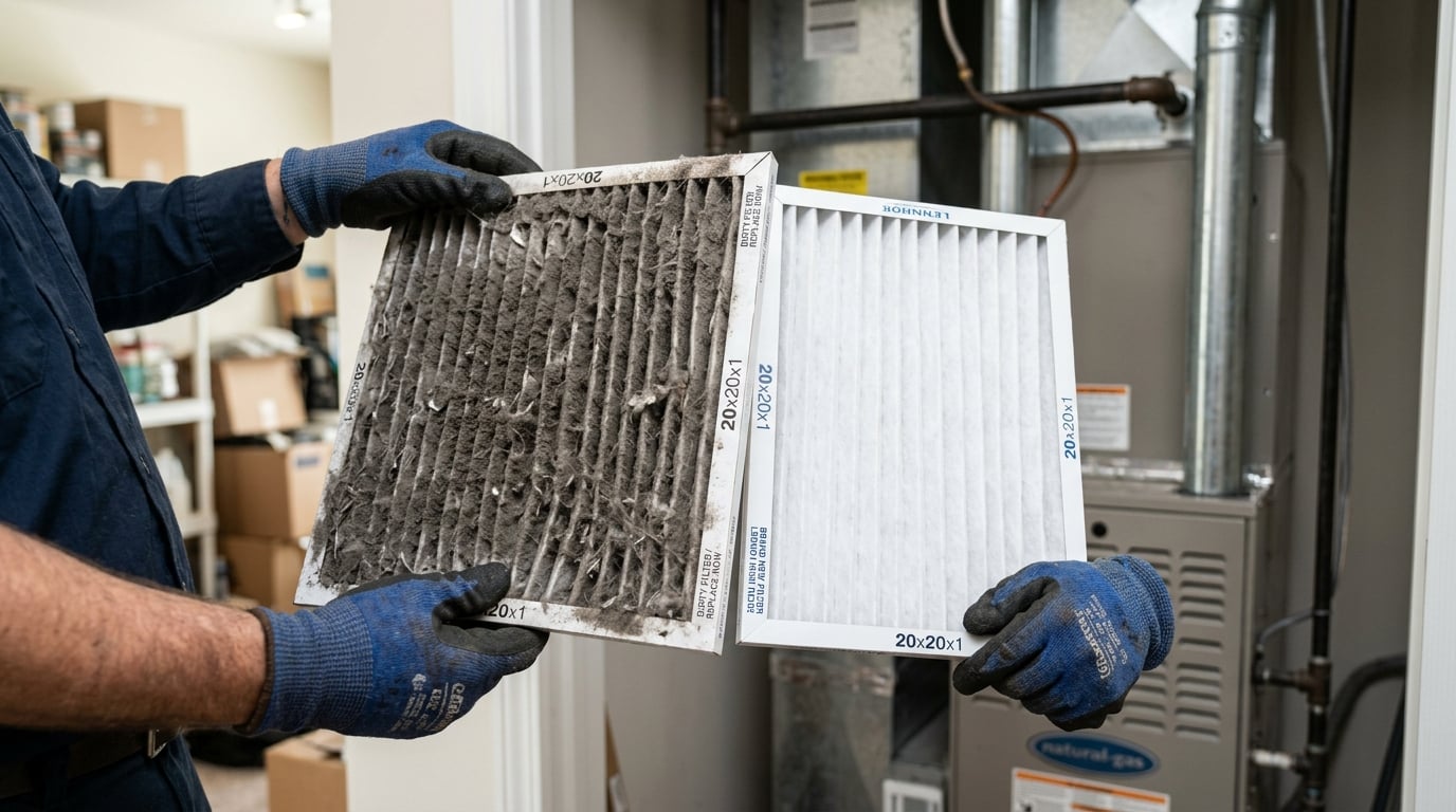 A gloved hand holding a dirty gray pleated HVAC air filter next to a clean white replacement filter