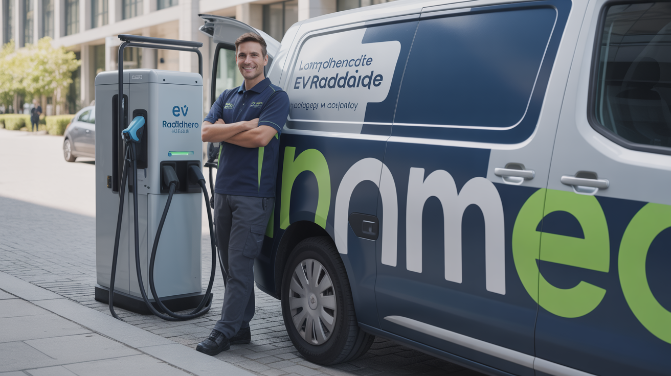 Professional mobile EV charging vendor with branded service van and EVRoadHero equipment