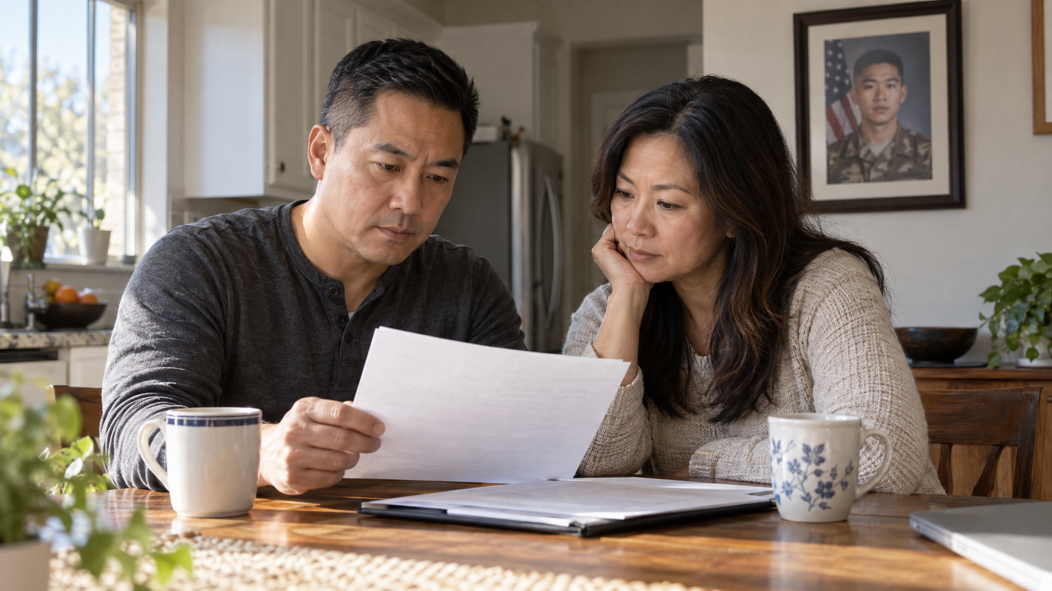 What VGLI is: a veteran couple reviewing a life insurance policy at their kitchen table