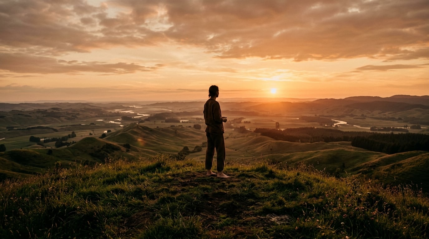 Person standing barefoot on earth at golden hour, representing the human-Earth electron connection