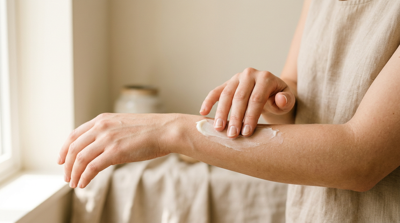 Applying CBD balm to skin for soothing eczema and psoriasis relief